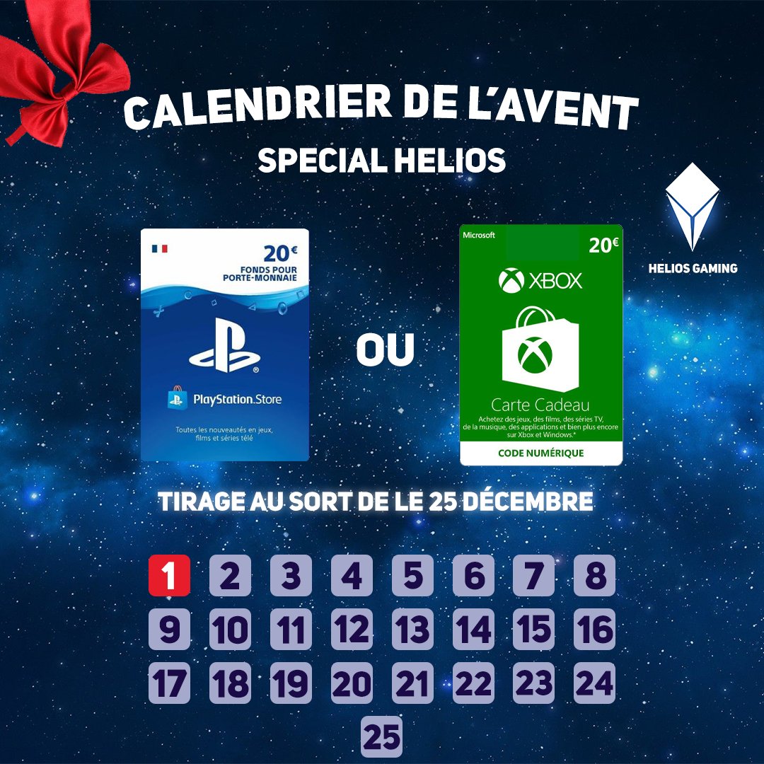 ⚪️ #Concours 🔵
Tente de remporter le premier cadeau de notre calendrier spécial Helios, une carte PSN ou XBOX au choix d'une valeur de 20€.

Pour participer 👇
. RT
. Follow <a href="/HeliosGamingFR/">Helios Gaming</a> 
. TAS le 25/12

Bonne chance à tous 😉