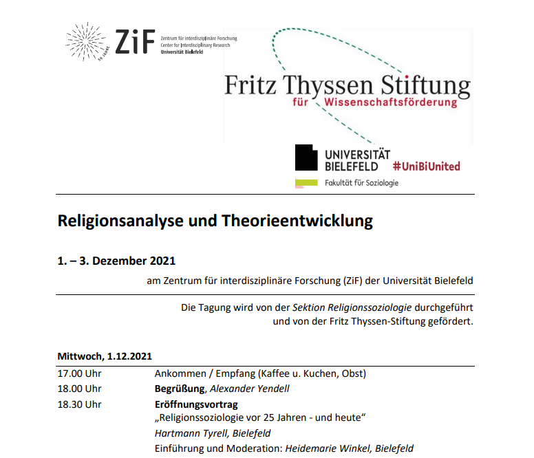 Nach Jahren der religionssoziologischen 'Dürre' wurde die Religionssoziologie in Deutschland nach 1990 wiederbelebt und 1995 als Sektion der DGS neu gegründet. Hartmann Tyrell hält den Festvortrag auf der Jubiläumstagung der Sektion Religionssoziologie am ZIF.@DGSoziologie