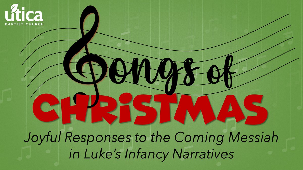 RyanGoodroe's tweet photo. I'm excited to preach this series from Luke 1-2.
Luke records 4 "songs" of response to the coming Messiah - the songs of Mary (1:46-55), Zechariah (1:68-79), the angels (2:14), and Simeon (2:29-32).
Join us this Sunday @UticaBaptist or online at 10:30am. https://t.co/SDXixA2xkN