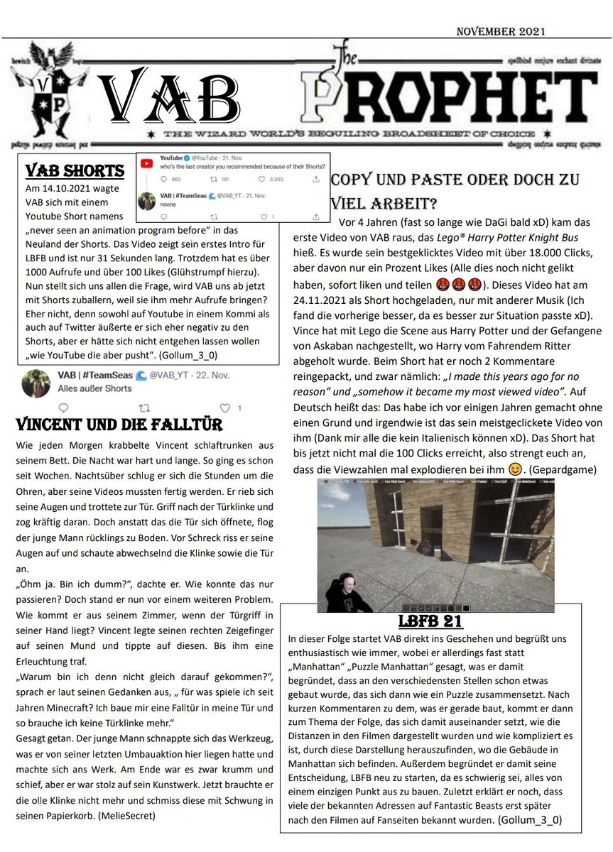 Ravenclawgirl_L's tweet photo. #VABProphet November
In dieser Ausgabe geht @gollum_3_0 und @Gepardgame1 auf die legendären Shorts von @VAB_YT ein. Neben bei erzählt @meliesecret eine Geschichte über "Vincent und die Falltür"... 💙 https://t.co/QMz7TgxsyO