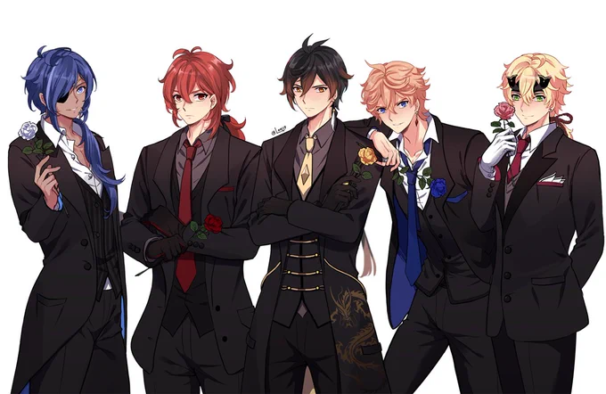 Whose flower will you take? 🌹

-
Ladies, our gentlemen are ready for the night.

--

#原神 
#Kaeya  #dilucragnvindr #zhongli  #childe #thoma 
#genshinimpactfanart #husbando #suit 