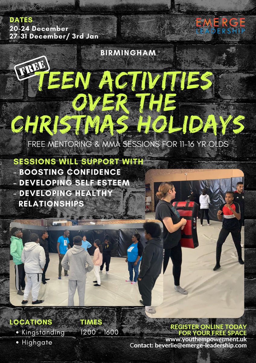 EmergeandLead's tweet photo. An opportunity for 11 days of free mentoring and mma training for 11-16 year olds over the holiday period in Birmingham. There are 2 programmes one in Perry Barr and the other in Highgate. 30 places available at each site. For more info register at https://t.co/0ub3vrGQcf https://t.co/033NKoKJxZ