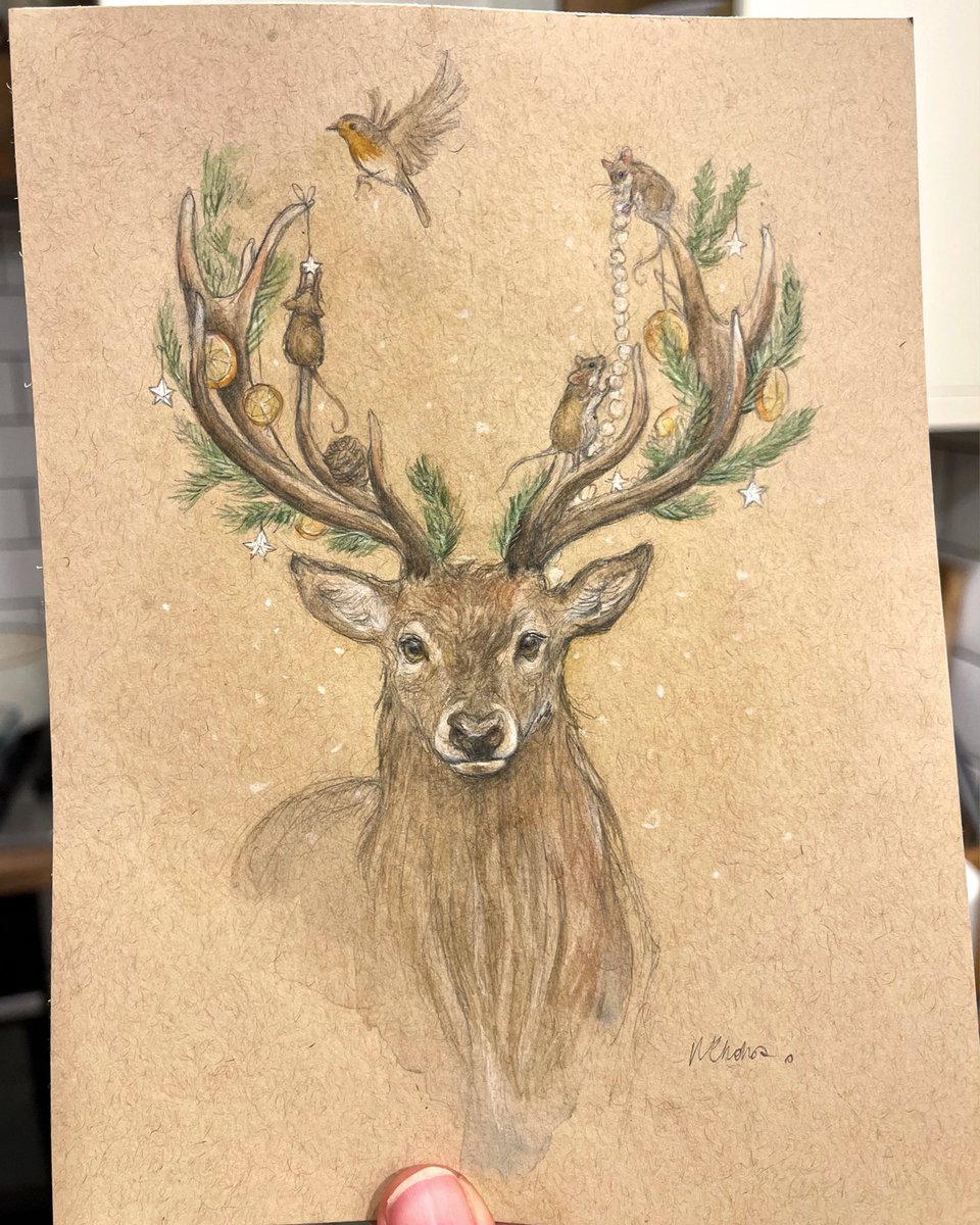 My Happy December 1st! Time to enter the Yule spirit and kick off the #12daywinterdraw Here is my contribution for day 1 ‘Antlers’  hope you like it 😃 it is available (A5, £60 + p&p) feel free to message me if you would like to adopt! #festiveart #christmasart #artchallenge