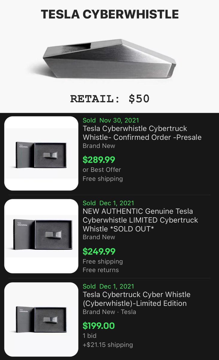 THE_COLLECTlVE's tweet image. $50 → $200 📈 did you catch this Tesla release yesterday? These limited edition cyber truck whistles released on tesla.com for $50 each... Now selling for $200 on ebay after going out of stock in less than an hour!

Easy $100+ profit per whistle