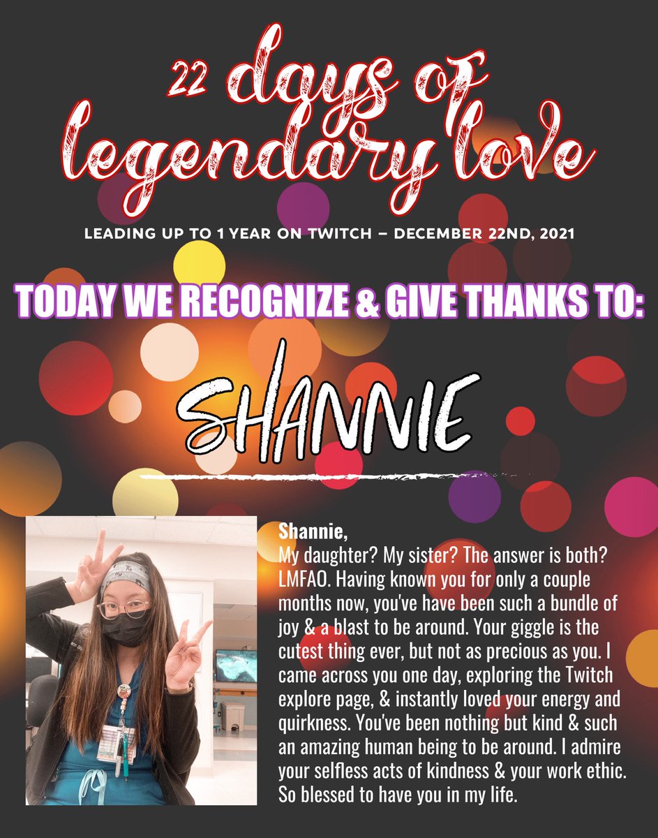 xLegendaryDollx's tweet photo. Happy first day of December 🤍
Leading up to my 1 year on Twitch, **December 22nd,** every day we will be sharing our love & appreciation for a Legendary Fam member.
DAY 1 OF 22: starts with @shannnniee 🥰✨ https://t.co/BbXxHjQBGx