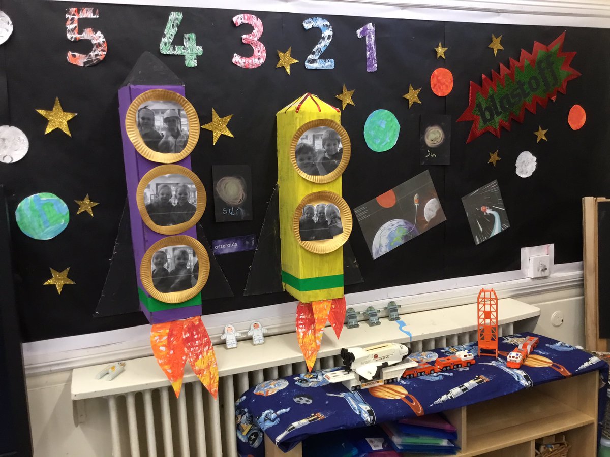 CuddingtonPri's tweet photo. Reception have been working hard to produce rockets,stars and planets. We enjoyed the story ‘The tiny little rocket.’ by David Fickling and Richard Collingridge. #cuddingtoneyfs #cuddingtonscience #cuddingtondt @davidfickling @R_Collingridge @LiteracyCounts1 https://t.co/vKThRJljCb