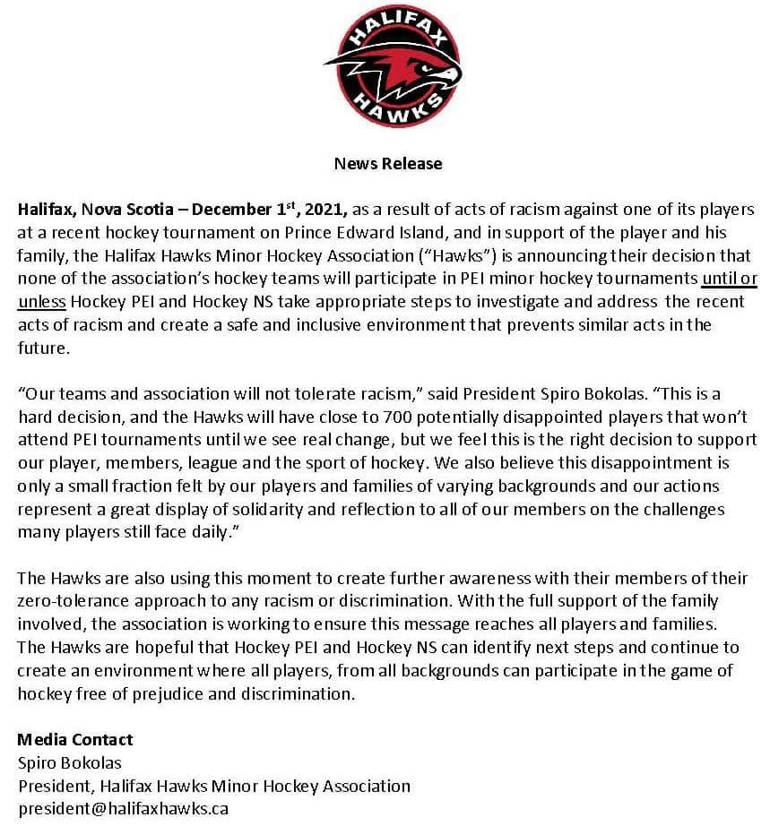 Halifax Hawks take stance on racism following incident at PEI tournament