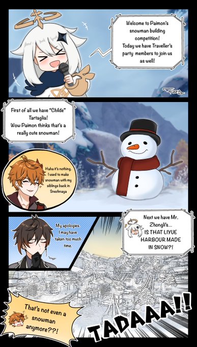 Paimon's snowman building competition 

#原神 #genshinimpact #Zhongli #Tartaglia #Childe #Paimon #Tartali (?) 