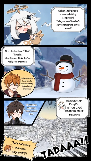 Paimon's snowman building competition 

#原神 #genshinimpact #Zhongli #Tartaglia #Childe #Paimon #Tartali (?) 
