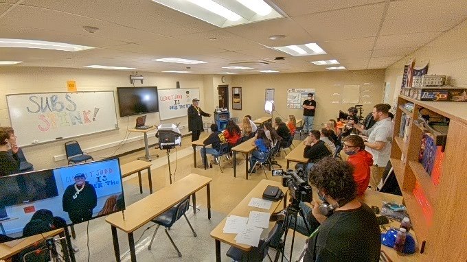 CollinsCTC's tweet photo. We're rolling on @cledustjudd's new video! #OldManRap #CareerTechOhio #PBL #CCTCworks #MyOhioClassroom https://t.co/oYOkdgF2iP