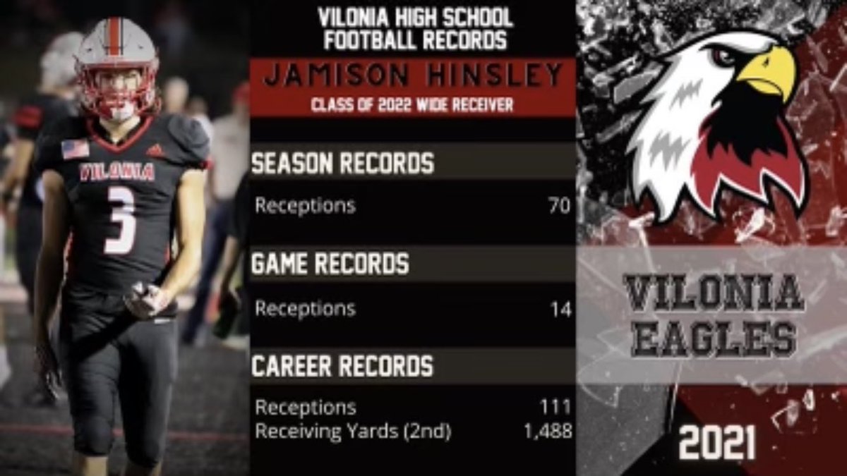 The record books have been updated! Senior WR/S Jamison Hinsley <a href="/JamisonHinsley3/">Jamison Hinsley</a> had a great season as well as career as a Vilonia Eagle. Dude set new game, season, and career records at WR. #Together #Family #TouchdownVTown