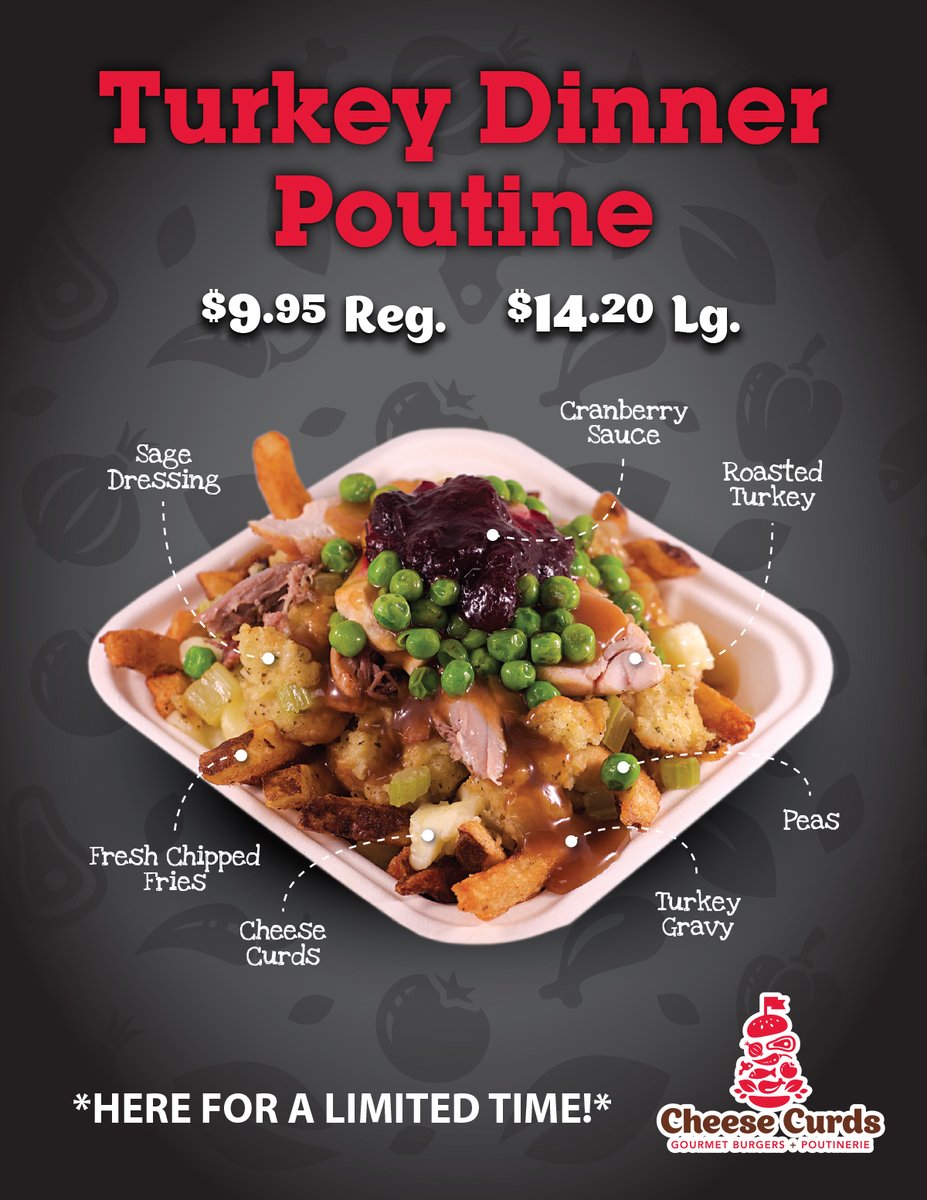 CheeseCurds's tweet photo. You might want to change your lunch or dinner plans for today. We’re excited to announce the return of our #TurkeyDinnerPoutine!
Roasted Turkey, Sage Dressing, Turkey Gravy, Peas, Cheese Curds, & Fresh Chipped Fries topped with Cranberry Sauce!
#halifax #truro #oromocto https://t.co/Kgtn4HEfSU