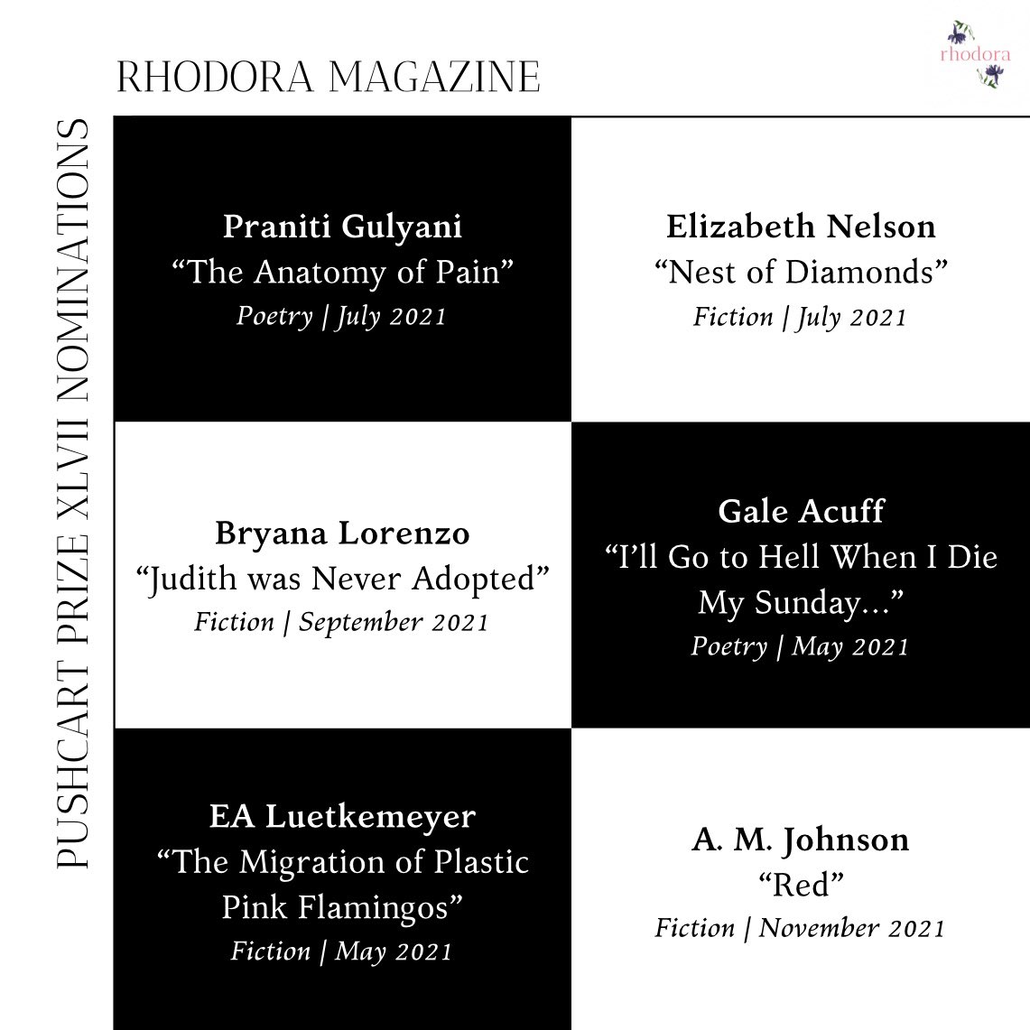 RhodoraMagazine's tweet photo. We are proud to present our six Pushcart Prize nominees, and we wish them good luck!

#pushcartprize #literarymagazine #literarymagazineindia https://t.co/7YUcffnOtd