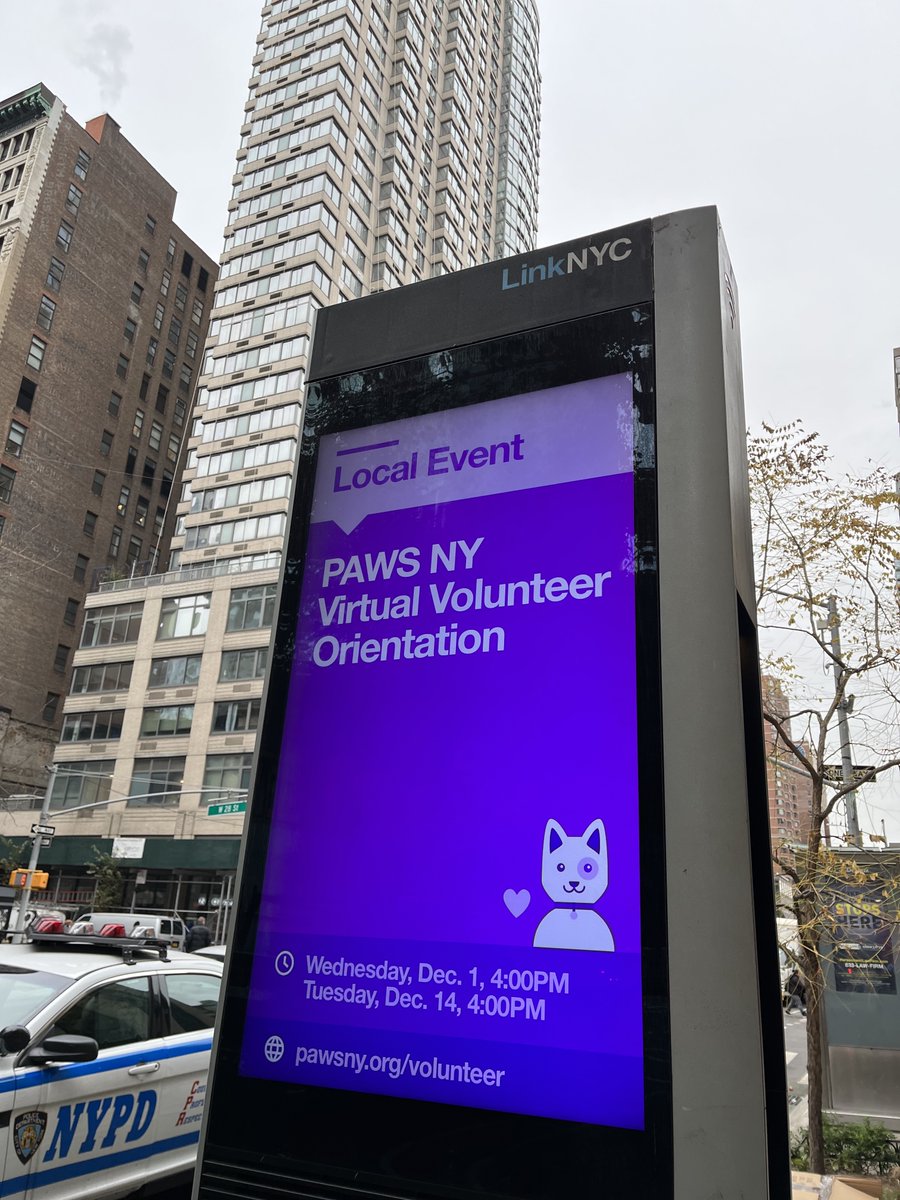 PAWSny's tweet image. Spotted on 6th Ave &amp;amp; 28th Street this week: ad for #PAWSNY Volunteer Orientations on a @LinkNYC kiosk!  #linklocal

If you want to join an upcoming #volunteer orientation: pawsny.org/volunteer