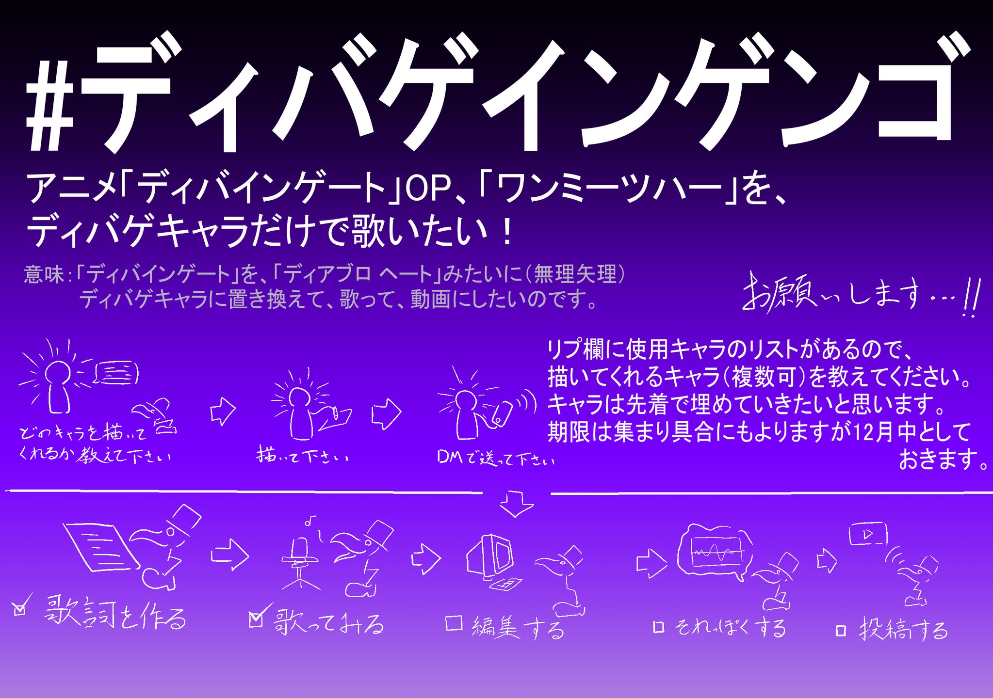 蕗 歌ってみたの動画に関するご協力のお願いです ディバゲインゲンゴ 歌詞 言語 をディバゲキャラにしたら面白いんじゃねぇか と思ったので ディバゲin言語です もう歌詞は組んだのですが 流れるキャラの名前に合わせてイラストを載せたいという