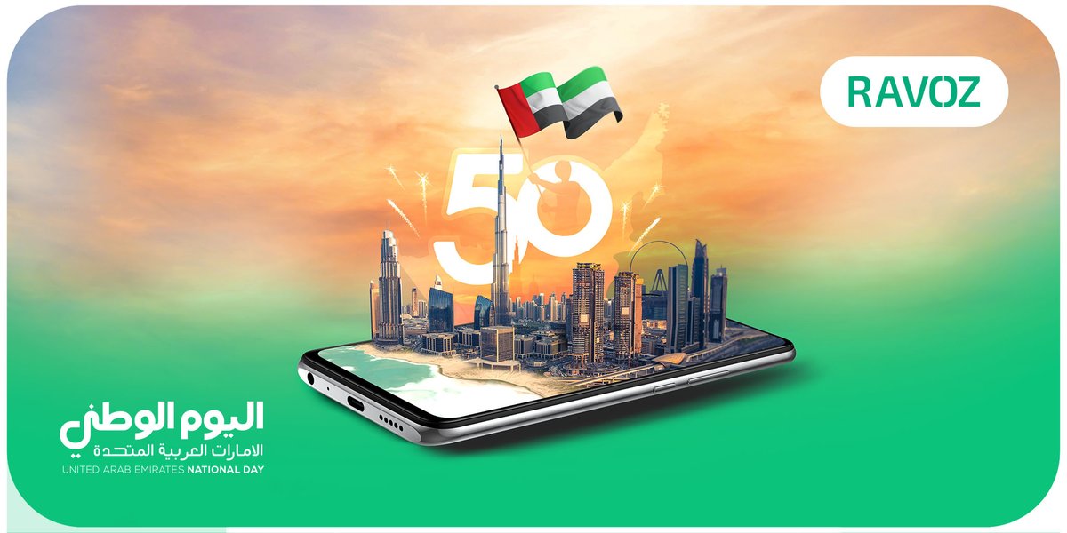 RavozOnline's tweet photo. Celebrating 50years that of a Nation binded by Unity, Pride & Prosperity!
#uaenationalday #uae #ravoz #GoConnectGoForIt #uae50thnationalday #unitedarabemirates https://t.co/e98TEcHSnG