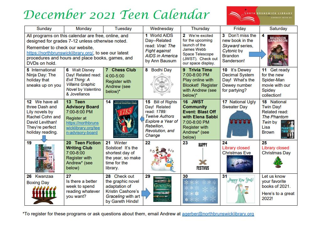 NoBrunsLibrary's tweet photo. December is a great month for logging into @NoBrunsLibrary virtual programs & borrowing books for binge #reading! Check out our #YALibraryEvents Calendar. #yalibrary #yalibrarylife #chess #trivia #teenadvisoryclub #fiction #fictionwriting #spaceexploration https://t.co/5iwxgJu3Ga