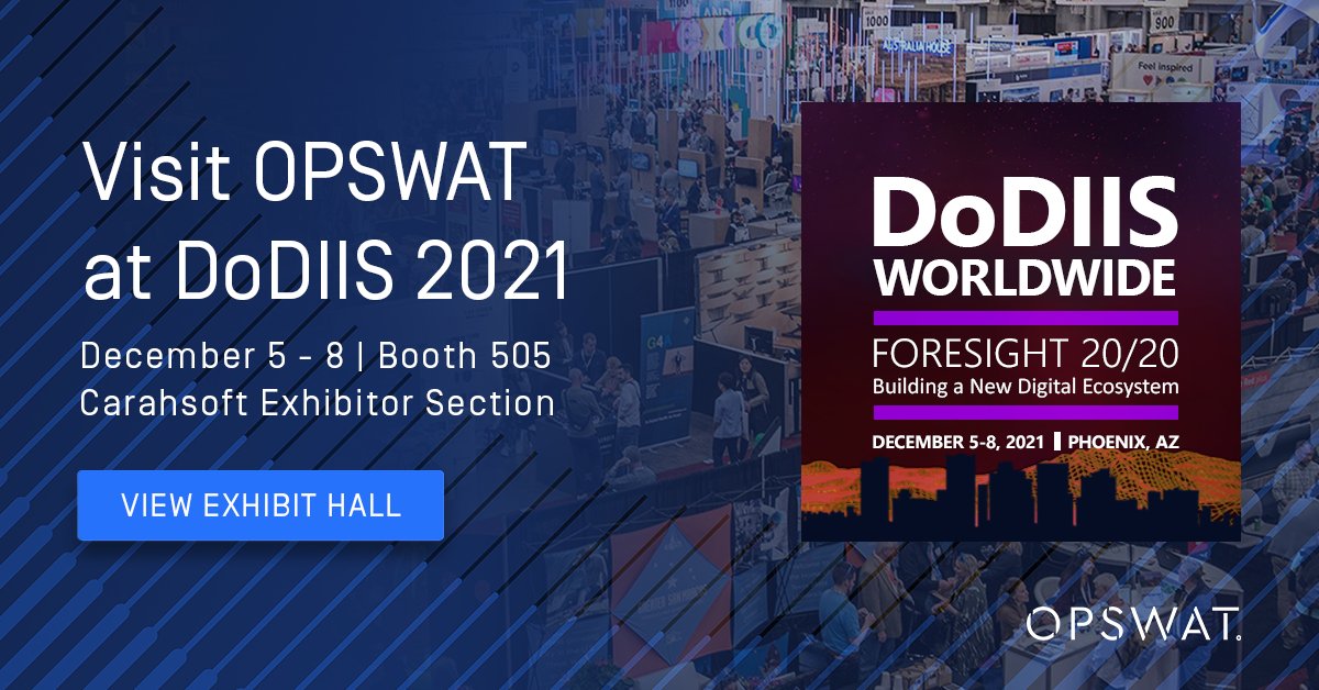 OPSWAT's tweet image. Visit @OPSWAT at #DoDIIS2021 on December 5th – 8th at the Phoenix Convention Center!
 
We will be located in the @Carahsoft exhibitor space in booth #505. Be sure to stop by for a demo of our Kiosk technology and to meet with our team: lnkd.in/efJ4CEaM