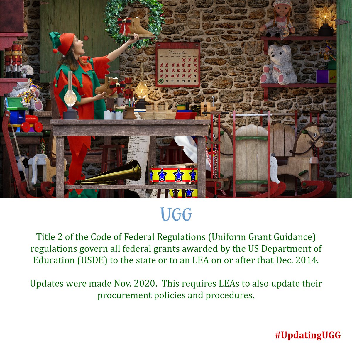 R10Revenue's tweet photo. Watch out for tips from our Uniform Grant Guidance (UGG) Elf! #UpdatingUGG
#ConsultantsOnAShelf 
#ShowMeTheMoney 
@Region10ESC 
For more info, go to: https://t.co/u01kqVbIVi https://t.co/I2iDbLhlph