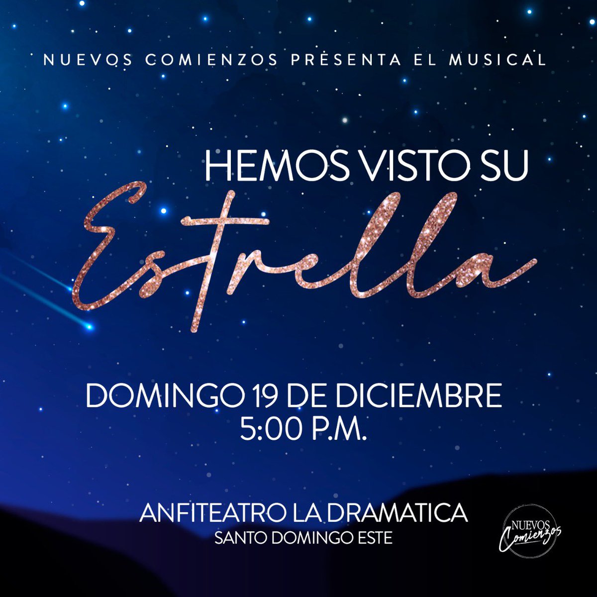nuevocomienzord's tweet photo. Hemos visto Su estrella, nuestro musical de Navidad, inspirado en los Magos del Oriente y su encuentro con Jesús. Una obra que te hará llorar, reír, y reflexionar. 

Domingo 19 de diciembre, 5:00 P.M. Anfiteatro La Dramática, Santo Domingo Este. 

¡Libre de costo!  ¡Agendanos! https://t.co/N9MhFWhmbp