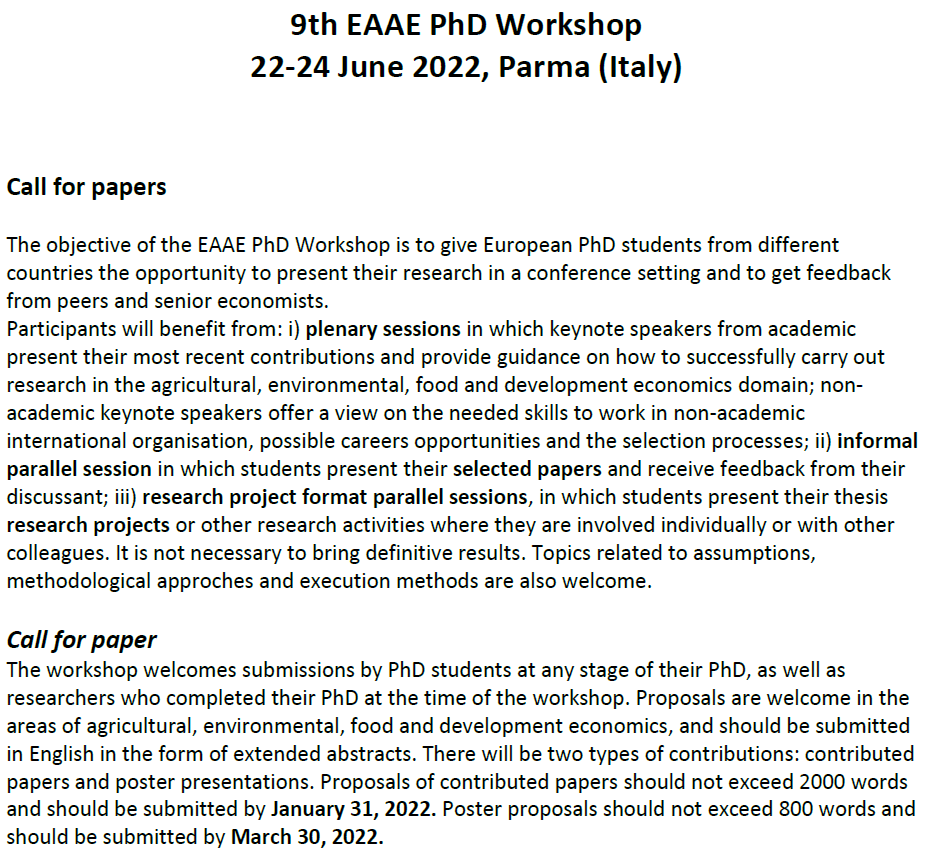 Econ_WU's tweet photo. #CallforPapers for the 9th #PhDworkshop of @AgriEconEurope in #Parma 
#PhDEconomics #EconomicsResearch #Economics #AgriculturalEconomics #AgriculturalPolicy #FoodPolicy #bioeconomy #research #EAAE #food #agriculture #EUKnowledge 
@eurochoices
Details: https://t.co/cxUI67XSRq https://t.co/SCNJiXbjJs