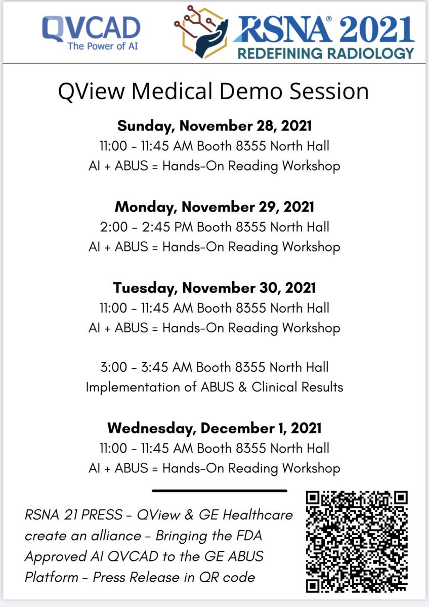 QViewMedical's tweet photo. One more session to see QVCAD live! Want to see how AI can help your breast clinic? With @GEHealthcare #ABUS we are leading the fight to bring this technology into your clinic! Stop by at 11am in Booth 8355 to see the demo. #RSNA21 #ultrasound #Ai #BreastScreening https://t.co/nS46GPKbFw