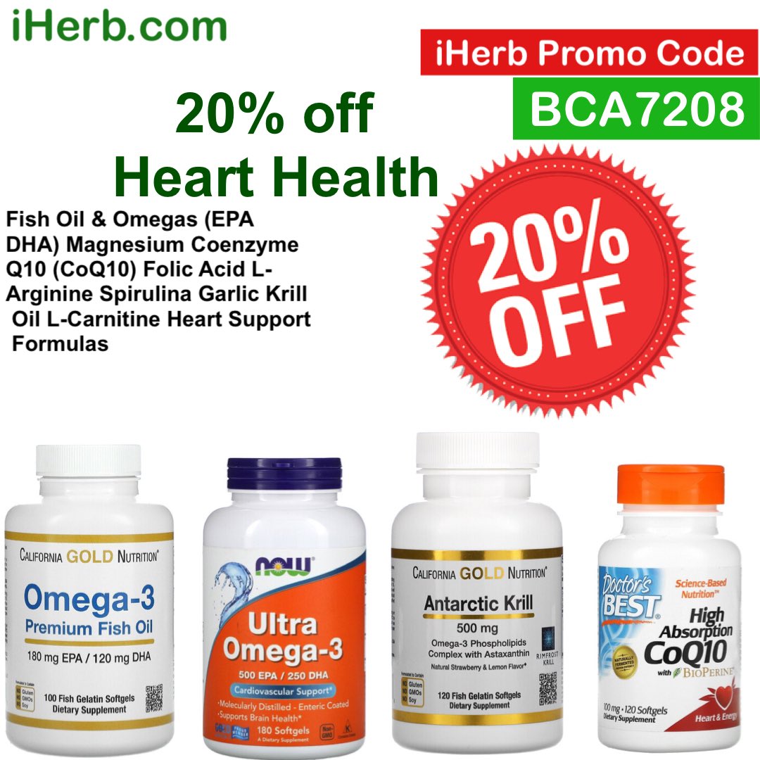 code20206's tweet image. iHerb 20% off Heart Health - over 1400 selections
Fish Oil & Omegas (EPA DHA) Magnesium Coenzyme Q10 (CoQ10) Folic Acid L-Arginine Spirulina Garlic Krill Oil L-Carnitine Heart Support Formulas
iherb.com/c/heart?rcode=…
iherb promo code BCA7208
iherb coupon BCA7208