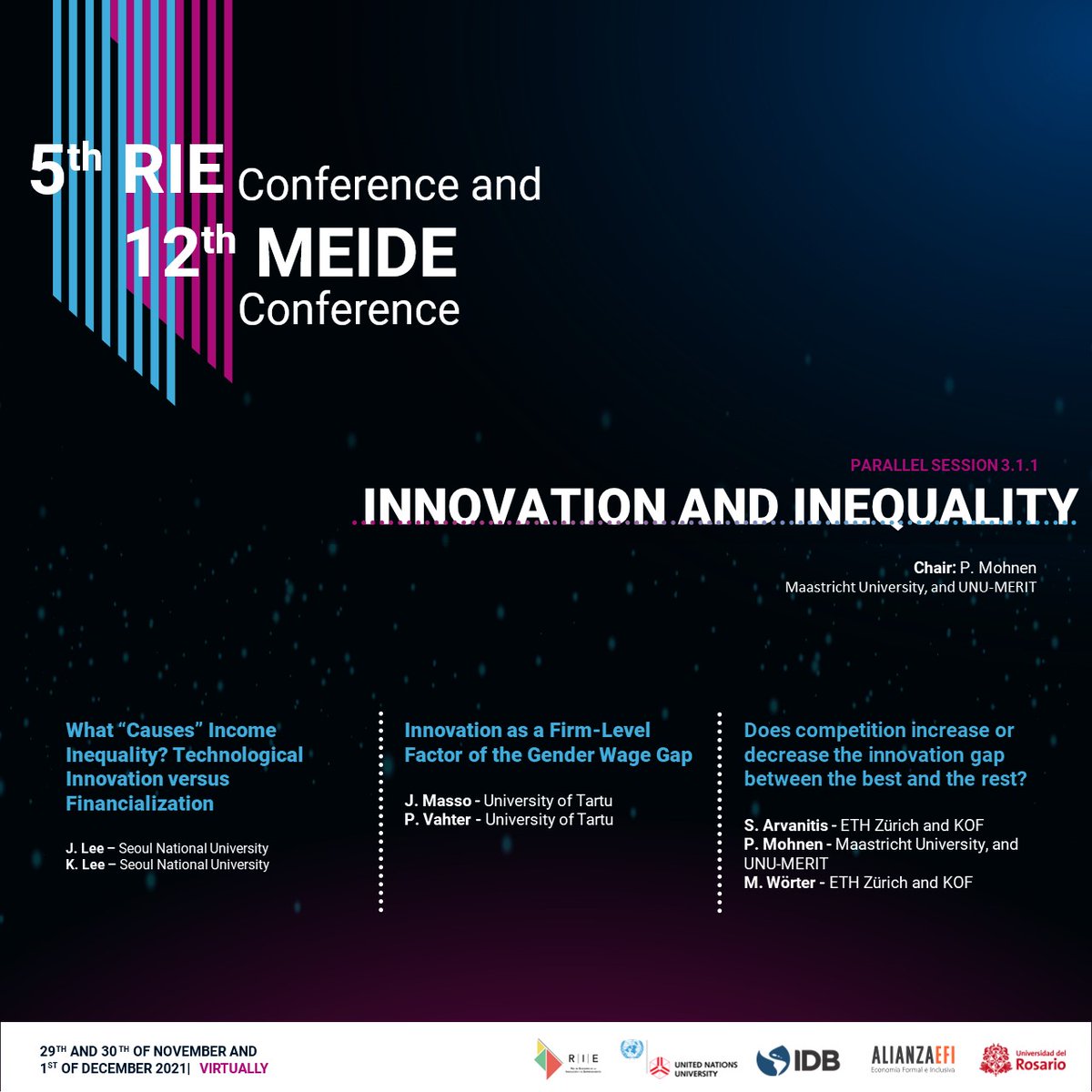 AlianzaEfi's tweet photo. Continúa nuestra agenda con las sesiones paralelas programadas y el cierre de la V Conferencia @rie_latam y XII Conferencia #MEIDE a cargo del profesor Pierre Mohnen de @UNUMERIT y @f_varg de @el_BID. 

#SomosColombiaCientífica. https://t.co/4XgRDNvnYi