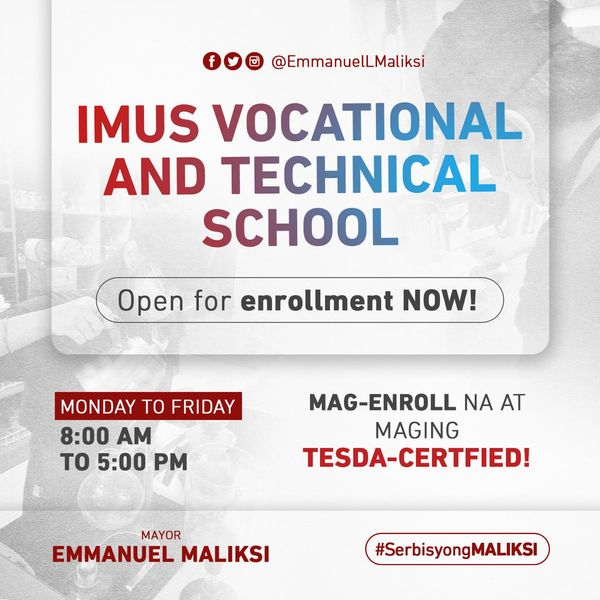 EmmanuelMaliksi's tweet photo. Mag-enroll na sa IVTS!

Muling nagbubukas ang ating Imus Technical and Vocational School para maghatid ng mga TESDA-accredited courses na napapanahon para sa mas maraming oportunidad sa negosyo at trabaho. (1/2) https://t.co/HYuAXrRYKb