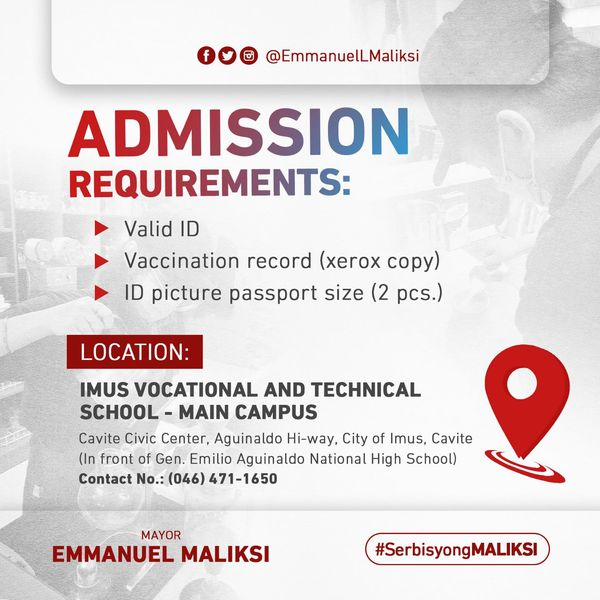 EmmanuelMaliksi's tweet photo. Mag-enroll na sa IVTS!

Muling nagbubukas ang ating Imus Technical and Vocational School para maghatid ng mga TESDA-accredited courses na napapanahon para sa mas maraming oportunidad sa negosyo at trabaho. (1/2) https://t.co/HYuAXrRYKb