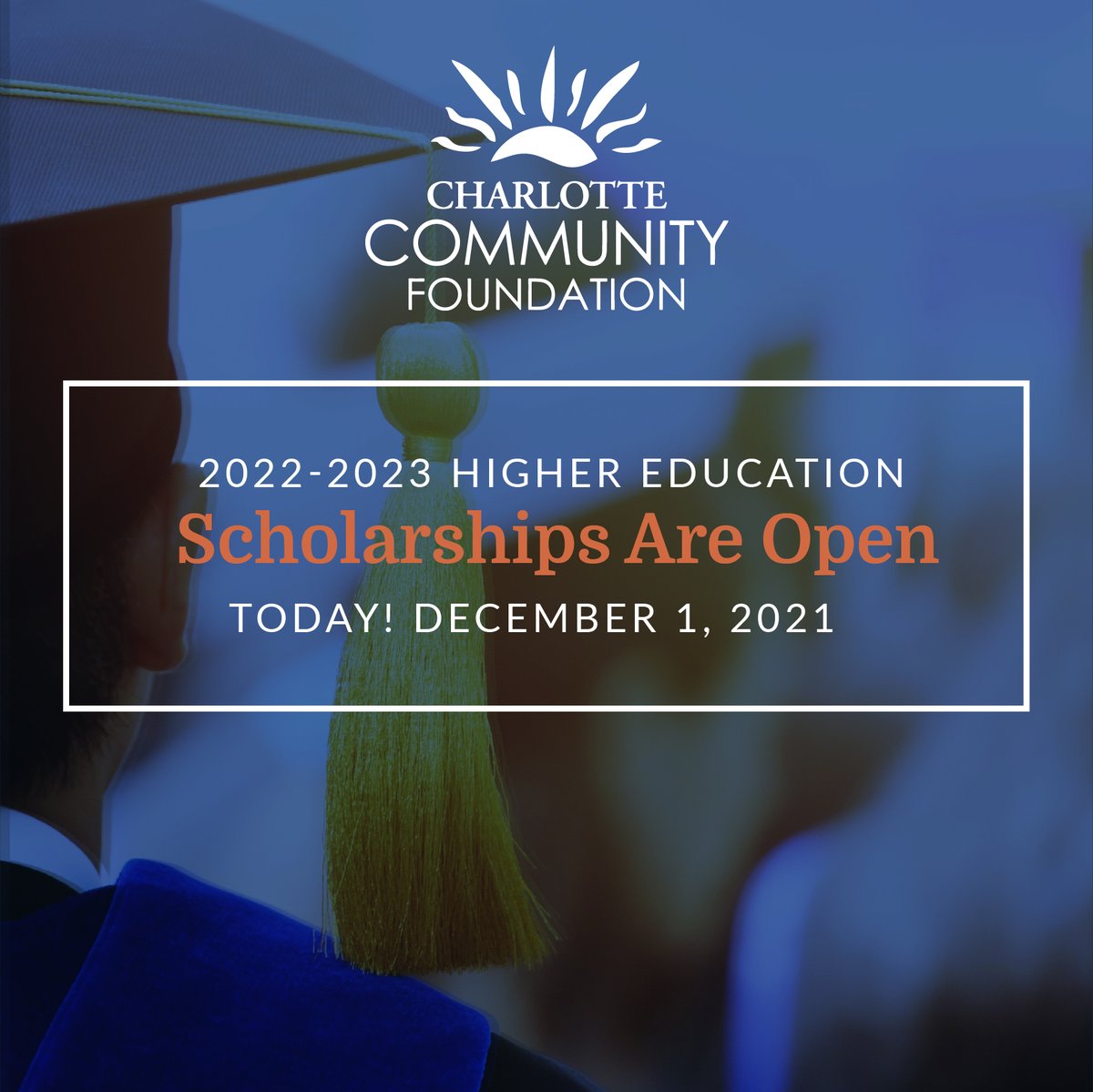 charlottecforg's tweet photo. Today is the day! Scholarship Opening Day ( December 1, 2021) : The 2022-2023 Higher Education Scholarship Application at the Charlotte Community Foundation is now Open. Applications will be accepted until 5pm January 23, 2022. Please apply by visiting https://t.co/RnA3w712bZ https://t.co/vXJLhxvB7s