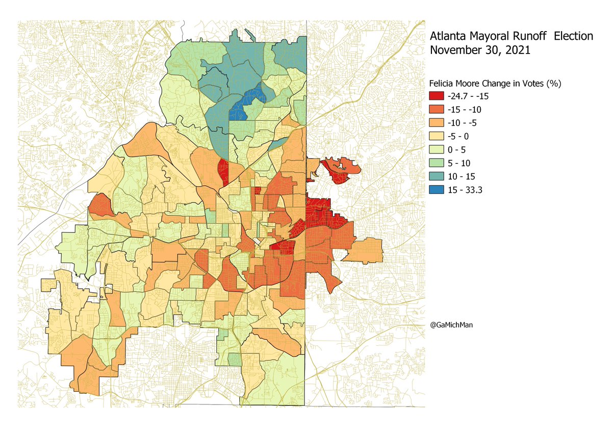 GaMichMan's tweet image. Andre Dickens won the Atlanta Mayoral race largely by flipping eastside liberals, who were likely voting strategically for Moore in the general as an anti-Kasim vote.  Moore got 53% of the general election vote in Candler Park precinct, but only 33% in the runoff.