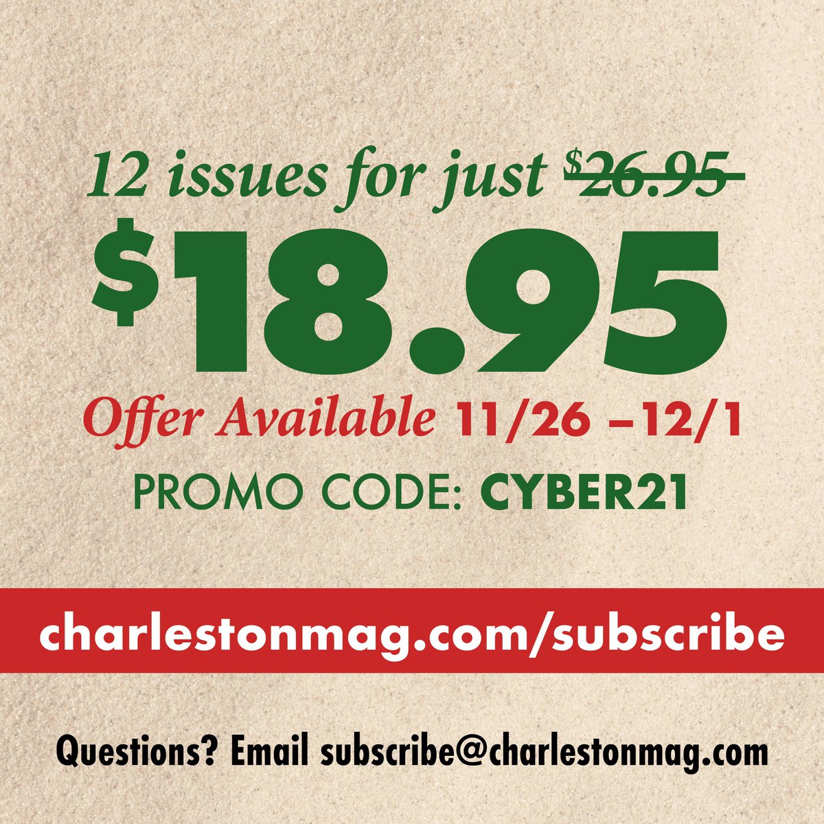 ’Tis the season to save on gift subscriptions* - Charleston Magazine’s Cyber Sale is here! 12 issues for just $18.95. Offer available thru today. Click the link in our bio to subscribe! *Get your order in by 9pm today to guarantee Jan 22 delivery #cyberweek #subscriptionsale