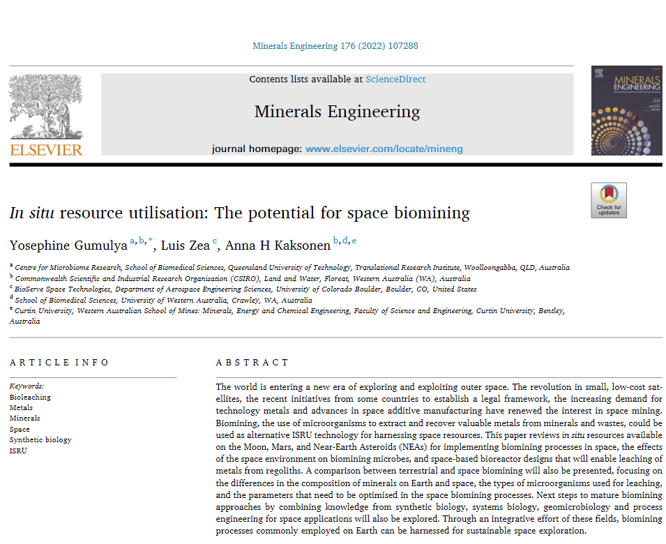 SpaceLuisZea's tweet photo. Woot! A second #SpaceBiomining paper published this week! Again, Yosephine Gumulya and @AnnaKaksonen from @CSIRO are the rock stars of our newest and third paper together! Free to access for the next 50 days, here: https://t.co/LKfT32WPOW @CUEngineering https://t.co/esJzvxLyQN