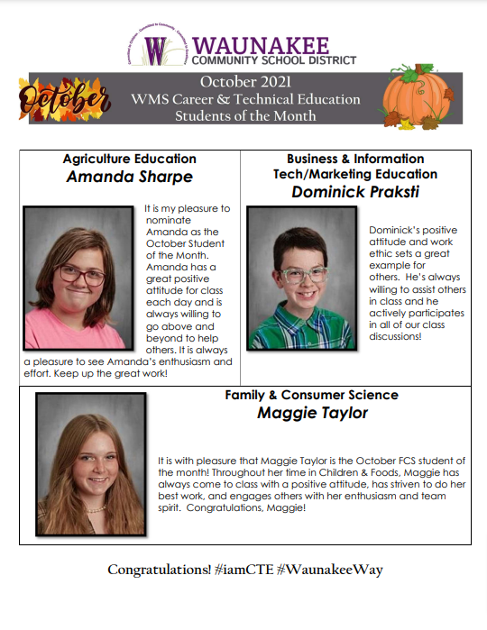 WaunakeeCTE's tweet photo. Let's celebrate our October Waunakee CTE Students of the Month! #waunakeeway #cteworks https://t.co/ri5FYM1WK5