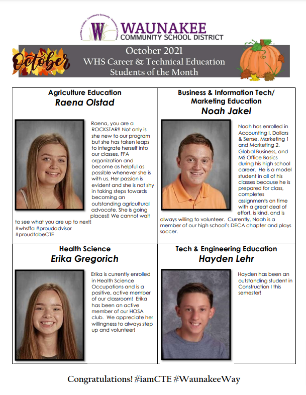 WaunakeeCTE's tweet photo. Let's celebrate our October Waunakee CTE Students of the Month! #waunakeeway #cteworks https://t.co/ri5FYM1WK5