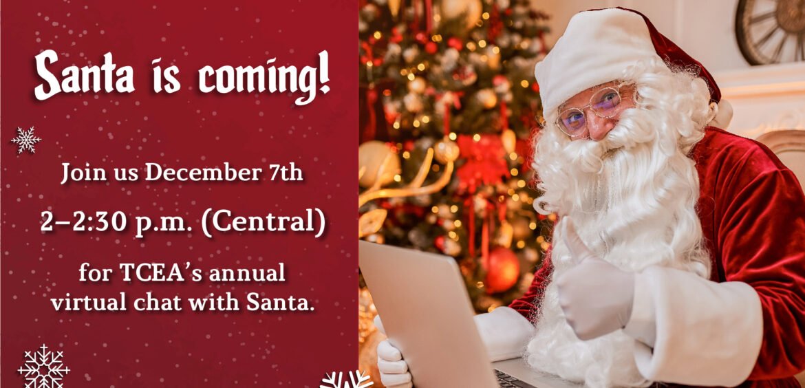 TCEA's tweet photo. Mark your calendars and submit those questions!  Join us to celebrate the holidays and the spirit of togetherness #TCEA’s annual, free, virtual chat with Santa 🎅 

https://t.co/bBSi13jsOj 
#teachertwitter #Edutwitter #txed https://t.co/j7SGd1mrHq