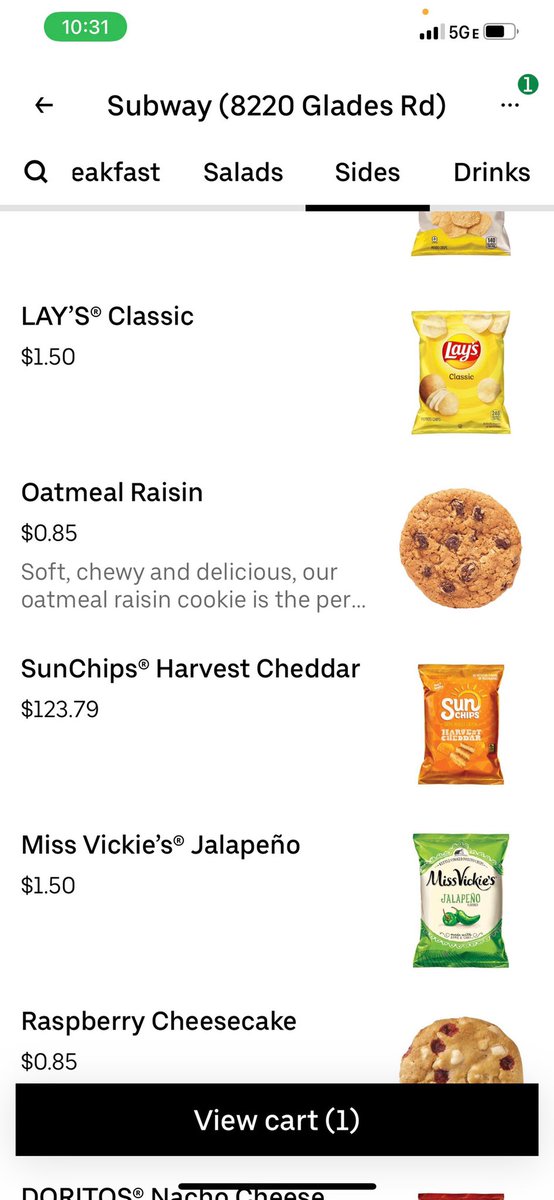 BIGAWALL77's tweet photo. @UberEats, @SUBWAY those @SunChips must really be a hot commodity.  $123.79?! https://t.co/t4laQ0gtqs
