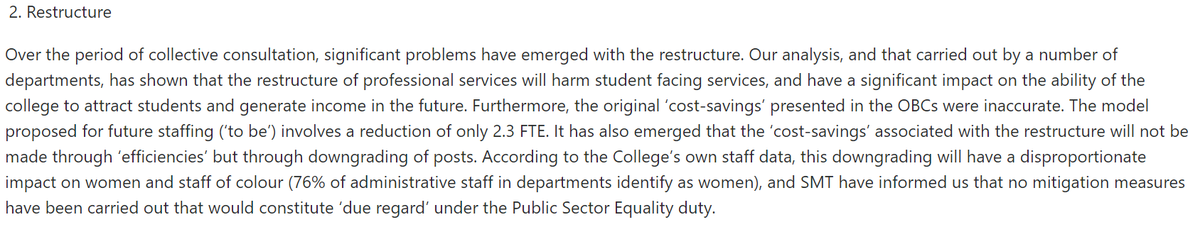 GoldsmithsUCU's tweet photo. ❗️The restructure will save little and harm women and people of colour
The restructure involves a downgrading of posts rather than a significant cost saving. This downgrading will harm women and PoC staff, but @GoldsmithsUoL has not carried out mitigation measures (3/4) https://t.co/0FiIKbCCSp