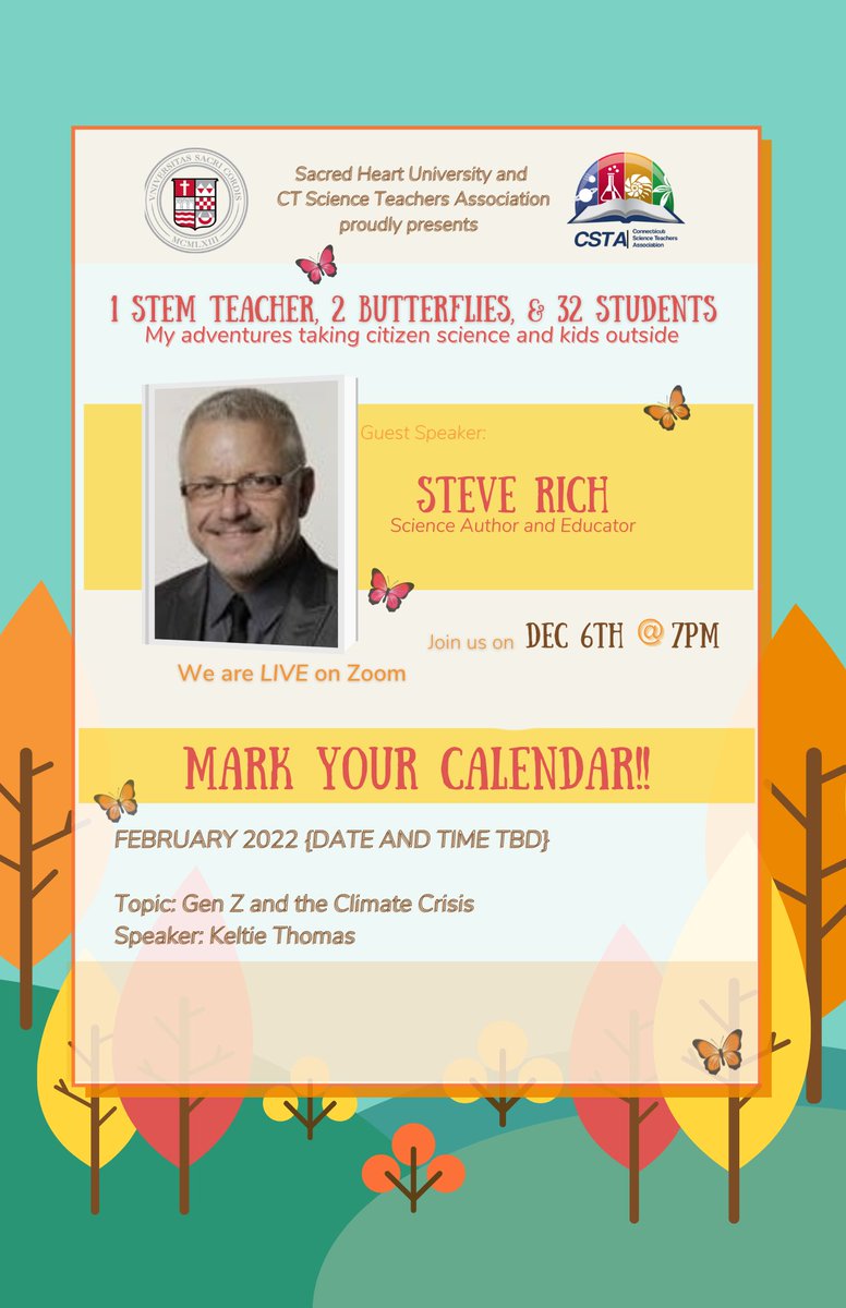 CTScience's tweet image. Join us on Monday as we welcome @bflyguy and discuss taking our kids outside to investigate science. 
@sacredheartuniv