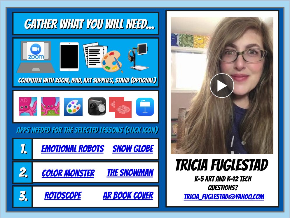 TriciaFuglestad's tweet image. IT WORKED! Let's do this 
Reach out to set up synchronous virtual PD for creating on iPads based on my K-5 #transdigital #artsed #edtech #STEAM #SEL lessons 
Hands on workshop:
#animation 
#stopmotion 
#rotoscope
#GreenScreen  
See my packaged lessons
bit.ly/fuglefunstore