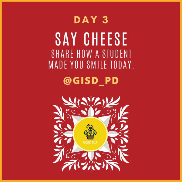 GISD Professional Learning (@gisd_pd) on Twitter photo Day 3 Quest! Say Cheese! 😃
Share how a student made you smile today. <a href="/GISDTLD/">Teaching & Learning Development</a> <a href="/gisdnews/">Garland ISD</a> #GISDpd #ItsthePDforme Day 3 Quest! Say Cheese! 😃
Share how a student made you smile today. <a href="/GISDTLD/">Teaching & Learning Development</a> <a href="/gisdnews/">Garland ISD</a> #GISDpd #ItsthePDforme
