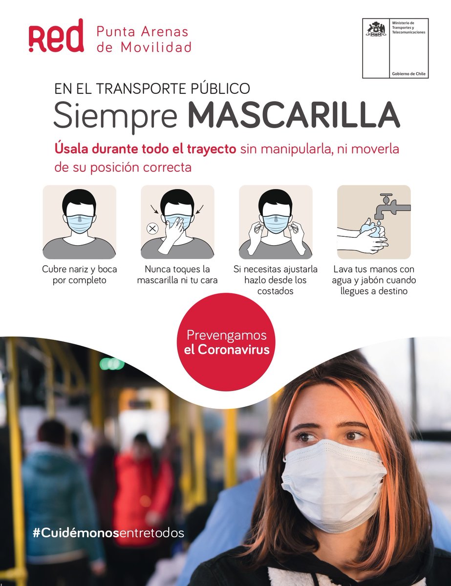 MTTMagallanes's tweet photo. 😷Continuemos con la medidas de seguridad preventivas de contagio en nuestro transporte público #RedPuntaArenas.
🧴Usa correctamente la mascarilla, utiliza desinfectante de manos y al llegar a tu destino lávate las manos con abundante jabón y agua.
#CuidémonosEntreTodos https://t.co/uTrrLPOjU0