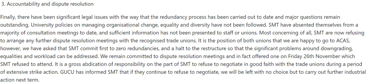 GoldsmithsUCU's tweet photo. ❗️The unions are prepared to go to ACAS 
SMT is refusing to negotiate to resolve this dispute. We are willing to meet any time, and will go to ACAS if SMT pauses the restructure, guarantees no compulsory redundancies. We invite Council to meet with us directly asap. (4/4) https://t.co/RZc3M6VnJV