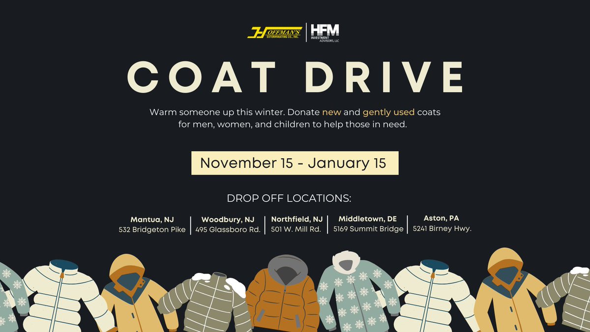 Hoffman's Exterminating is partnering with HFM Investment Advisors to collect coats for those in need this winter. See details below!