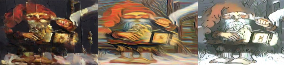 kelkalot's tweet photo. Siden det snart er #jul. Tre #StyleGAN #Julenisser med stiler fra tre norske artister. Hvem kan gjette alle tre artistene som er brukt? #simulamet @OsloMetAI @OsloMet @NORAdotAI https://t.co/nOev4Fa5l6