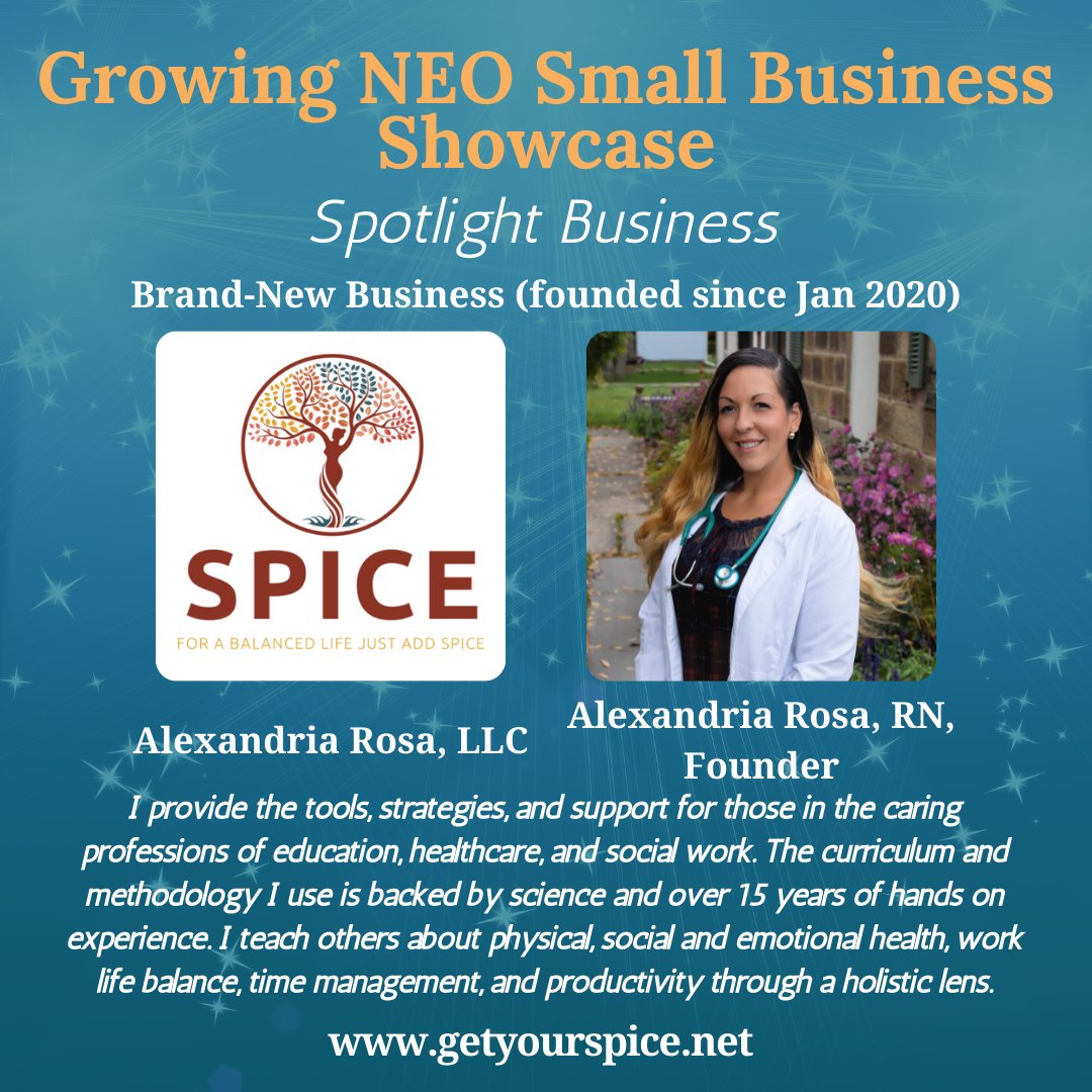 GrowingNeoSMBs's tweet photo. Our Growing NEO Small Business Spotlight is shining on Alexandria Rosa today. Her business, Alexandria Rosa, LLC is bringing the SPICE into the lives of all of her clients. 
Go to https://t.co/TaY6MDfdbh and get a spotlight on your favorite local small business!  #SupportSmal ... https://t.co/dwvVEoImWP