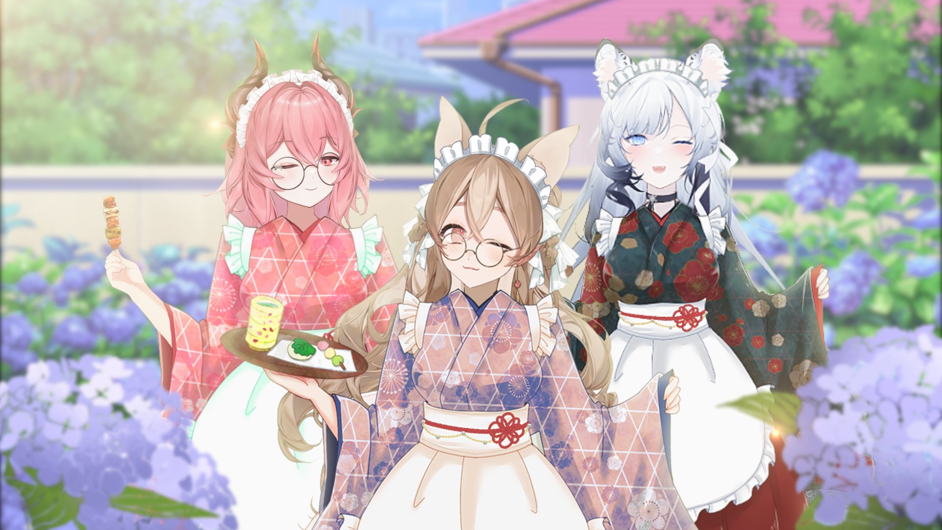 夢寐愛姆 Renewlive二期生 一睜眼就在紫陽花海中看到三位和風女僕的我是不是搞錯了什麼 主人 需要什麼服務嗎 尼豪歡螢光林 要來吃一口炸蝦嗎 T Co 5tp2r9vffb Twitter