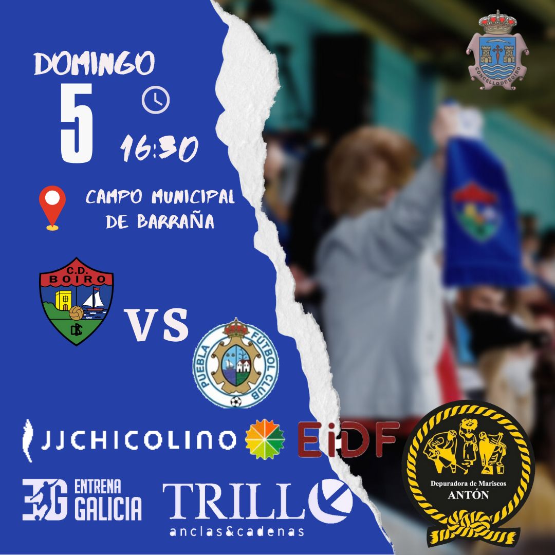 Non te perdas este domingo o CD Boiro- Puebla FC.
As 16:30 no Municipal de Barraña.
A directiva decidiu NON establecer este partido como dia do club.
Quere que Barraña esté ata a bandeira e que non falle ningún dos seus fieis socios. 

#ForzaBoiroSempre💙💪⚽