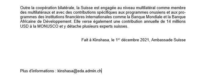 AmbSuisseRDC's tweet photo. Aujourd'hui, le 1er décembre 2021 a eu lieu l'échange annuel de haut niveau entre la 🇨🇭 et la 🇨🇩 sur le suivi des programmes humanitaires et de la coopération au développement de la Suisse principalement dans l'est de la RDC. En annexe, le communiqué de presse https://t.co/cQfHPEpssa